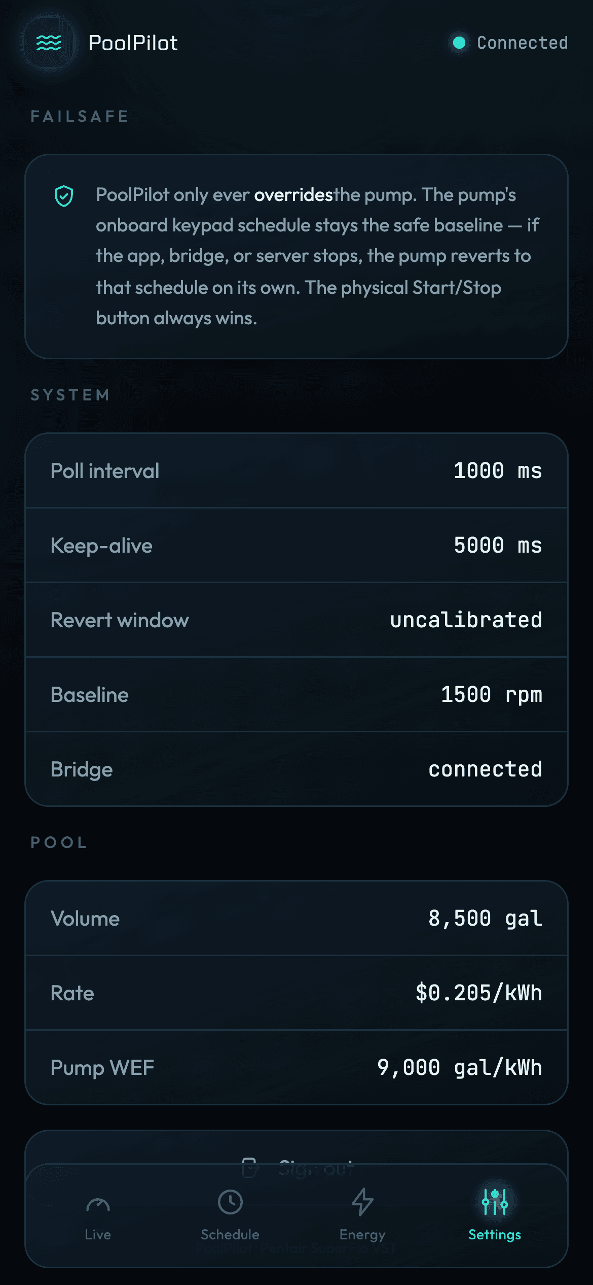 PoolPilot Settings screen — failsafe explainer, system poll and keep-alive readouts, bridge status, and pool volume and rate facts