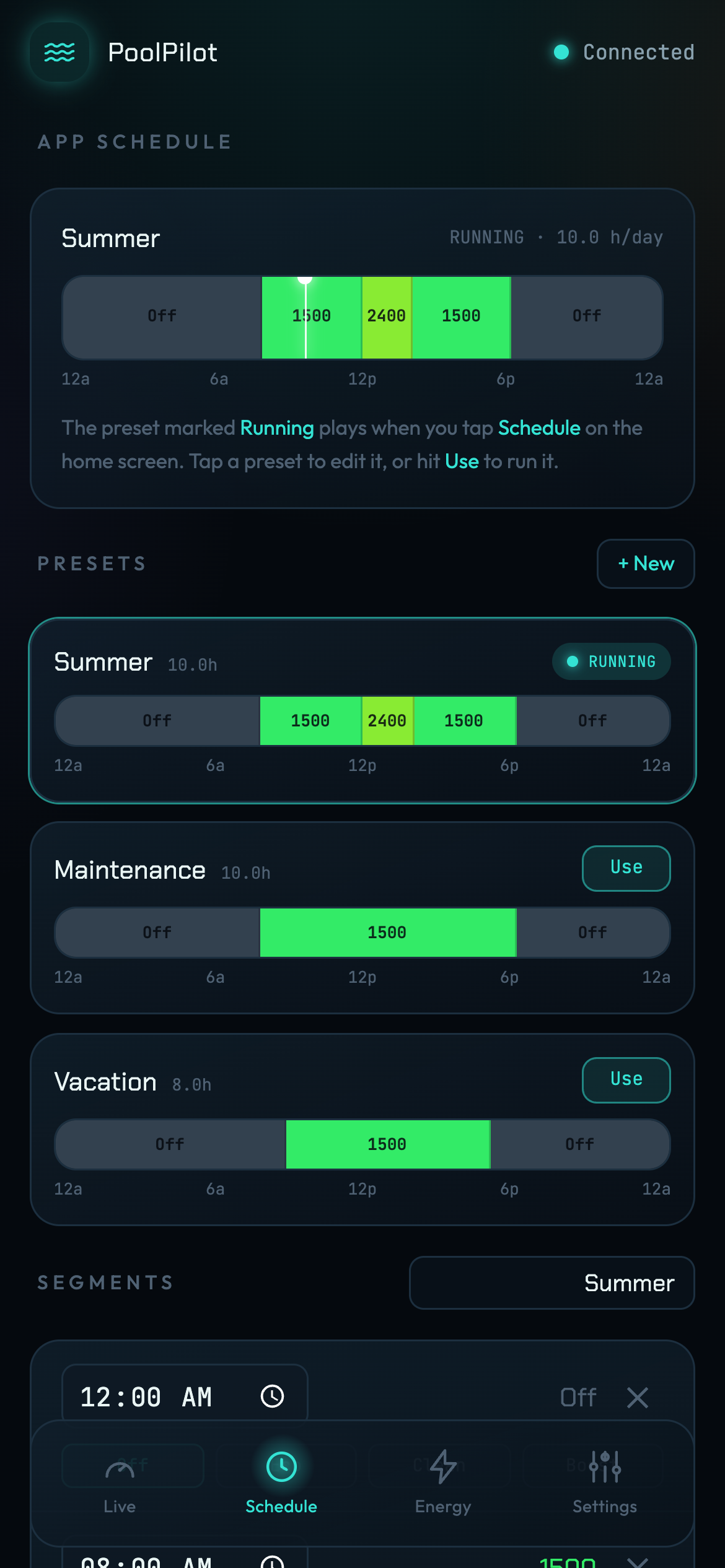 PoolPilot Schedule screen — 24-hour color-coded timeline with live cursor, and Summer, Maintenance, and Vacation presets with one-tap Use buttons