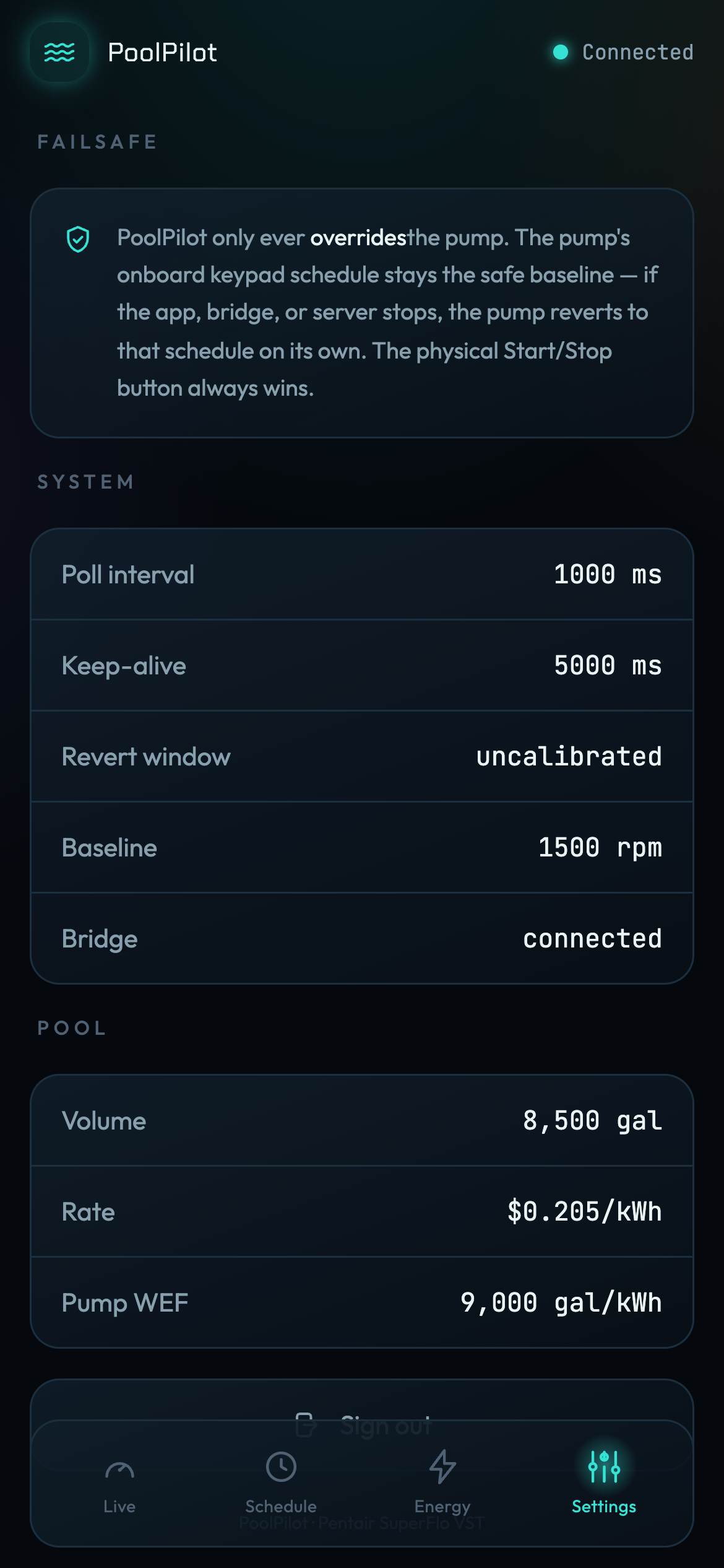 PoolPilot Settings screen — failsafe explainer, system poll and keep-alive readouts, bridge status, and pool volume and rate facts